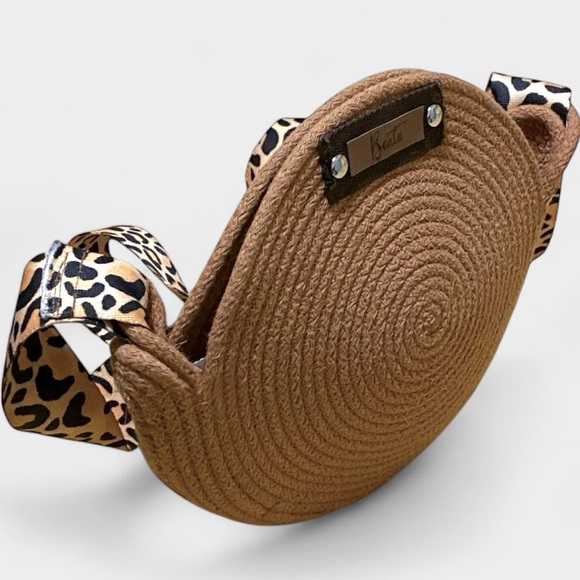 Beata Jute Rope Round Crossbody Bag with Leopard Print Strap Size 11” x 8” Boho - Picture 2 of 6